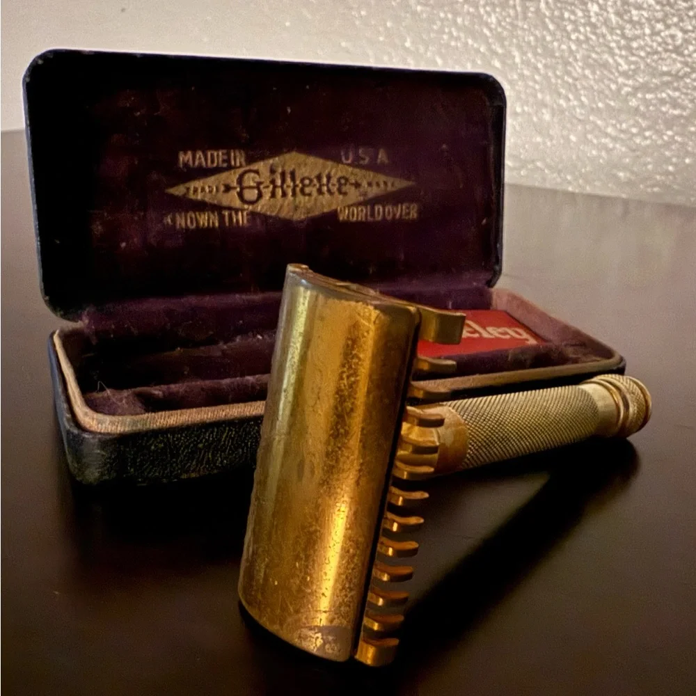 Vintage Gillette 1930s Brass Safety Razor Kit | Original Case | Gold Tone